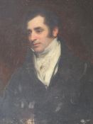 (XIX). A portrait study of a Georgian gentleman with black jacket and white stock, unsigned, oil