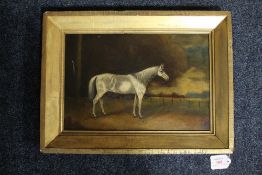 (XIX-XX). British school, study of a horse in a meadow, storm clouds in background, unsigned, oil on