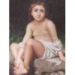 A 20TH CENTURY STUDY OF A FEMALE SEMI-NUDE FIGURE, seated on a riverside rock, oil on canvas,