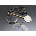 A GOLD PLATED LORGNETTE TOGETHER WITH A CASED PINCE NEZ, (2)