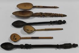 SIX VARIOUS AFRICAN TRIBAL ART SPOONS, two include two Zulu spoons, two East African Kamba Kenya