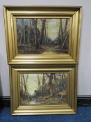 (XIX-XX). British school, pair of woodland scenes with figures by streams, unsigned, oils on canvas,