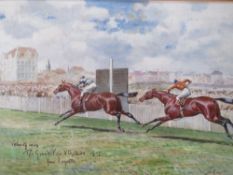 JOHN BEER (XIX-XX). British school horse racing scene 'Velocity Wins the Grand Prix D'Ostende 1907',