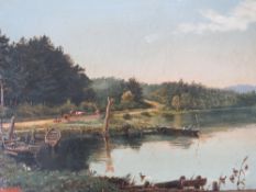 WILLIAM CHEESEMAN. Surrey landscape painter 'View on Ripley Lake', with boats, figures and cattle,