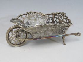 A MINIATURE HALLMARKED SILVER WHEELBARROW, of pierced form throughout, with revolving wheel,