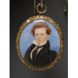 A 19TH CENTURY OVAL PORTRAIT MINIATURE OF A GEORGIAN GENTLEMAN, with black coat and tie, unsigned,