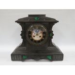 A FRENCH EIGHT DAY DATE CALENDAR MANTLE CLOCK, set in a black slate case, the 8 day movement