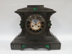 A FRENCH EIGHT DAY DATE CALENDAR MANTLE CLOCK, set in a black slate case, the 8 day movement