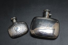 A HALLMARKED SILVER HIP FLASK BY RICHARDS & BROWN, date letter indistinct, together with a smaller