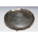 A HALLMARKED SILVER SALVER - LONDON 1971, with presentation engraving and crest relating to the City