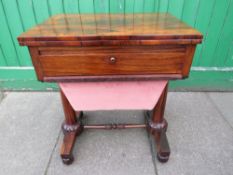 AN ANTIQUE ROSEWOOD WORK TABLE, with felt interior and worktop, H 74 cm, W 61 cm