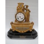 A LATE 19TH CENTURY GILDED SPELTER FEMALE FIGURAL CLOCK. with ornate drum head case having alabaster