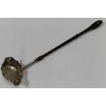 A 19TH CENTURY HALLMARKED SILVER LADLE, with turned wooden handle, overall L 32 cm
