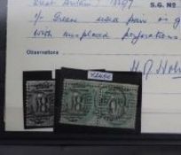 POSTAGE STAMPS - S.G. 72 1855 1/=, a used pair with badly misplaced perforations, RPS certificate