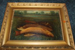 A 19TH CENTURY STUDY OF A TROUT ON A RIVERBANK 'THE DAYS CATCH', unsigned, oil on canvas laid on