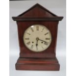 AN EDWARDIAN MAHOGANY CASED MANTLE CLOCK, with ting tang strike movement, H 43 cm