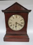 AN EDWARDIAN MAHOGANY CASED MANTLE CLOCK, with ting tang strike movement, H 43 cm