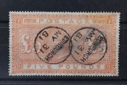 POSTAGE STAMP - A 'SPECIMEN' £5 ORANGE, with later added replica cancellations covering the 'Specime