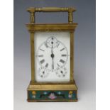 A LATE 20TH CENTURY FIVE GLASS CLOISONNE AND BRASS CASED CARRIAGE CLOCK, the enamel dial with