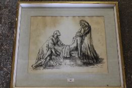 A 19TH CENTURY RELIGIOUS STUDY OF THREE FIGURES, indistinctly signed bottom right, pen and ink and