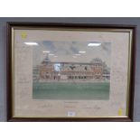 A FRAMED AND GLAZED PRINT OF LORDS SIGNED BY MANY CRICKETERS TO INCLUDE MIKE GATTING , MALCOLM