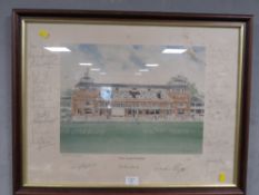 A FRAMED AND GLAZED PRINT OF LORDS SIGNED BY MANY CRICKETERS TO INCLUDE MIKE GATTING , MALCOLM