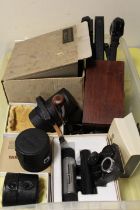 A SELECTION OF PHOTOGRAPHIC EQUIPMENT , DESK CALENDAR ETC