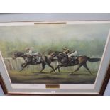 A LARGE FRAMED AND GLAZED PRINT OF PAT EDDERY RIDING DANCING BRAVE SIGNED BY HIM AND ARTIST MAX