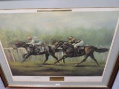 A LARGE FRAMED AND GLAZED PRINT OF PAT EDDERY RIDING DANCING BRAVE SIGNED BY HIM AND ARTIST MAX