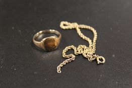A ROSE 9CT SIGNET RING TOGETHER WITH A SCRAP PART OF A CHAIN