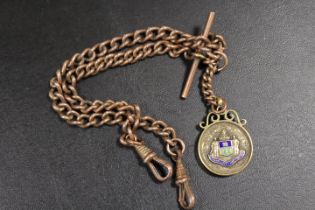 A GENTS ANTIQUE DOUBLE ALBERT POCKET WATCH CHAIN WITH SILVER MEDAL