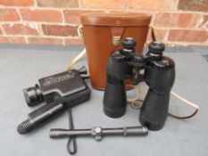 A PAIR OF ROSS 16 x 20 CORNWALL BINOCULARS, WITH BRAUN N120 INTEGRAL 5 CINE CAMERA AND A RIFLESCOPE