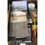 A TRAY OF ASSORTED MORRIS MINOR COLLECTABLES TO INCLUDE ILLUSTRATED CAR SERVICING SERIES FOR OWNER