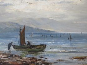 HENRY HADFIELD CUBLEY (1858-1934). Stormy coastal scene with boats and figures 'In Rothsay Bay', see