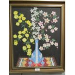 A FRAMED STILL LIFE OIL ON CANVAS OF A VASE OF FLOWERS SIGNED TAZAKI 85