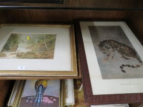 THREE FRAMED PICTURES TO INC A CHINESE TIGER PRINT ETC