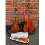 A VINTAGE 1/4 CELLO, A 1/2 SIZE CELLO AND A CASED 1/4 VIOLIN (3)