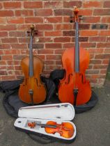 A VINTAGE 1/4 CELLO, A 1/2 SIZE CELLO AND A CASED 1/4 VIOLIN (3)