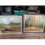 A FRAMED OIL ON BOARD OF A BOAT ON A HILLSIDE LAKE SIGNED BY DURHAM 1987 TOGETHER WITH AN OIL ON