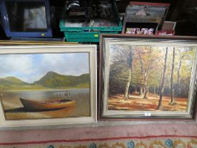 A FRAMED OIL ON BOARD OF A BOAT ON A HILLSIDE LAKE SIGNED BY DURHAM 1987 TOGETHER WITH AN OIL ON