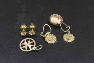 A SELECTION OF GOLD AND YELLOW METAL EARRINGS ETC