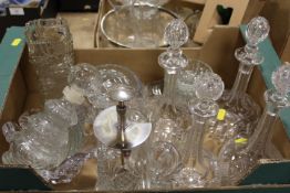 TWO TRAYS OF ASSORTED GLASSWARE TO INCLUDE DECANTERS TOGETHER WITH A BOX OF WINE GLASSES (3)