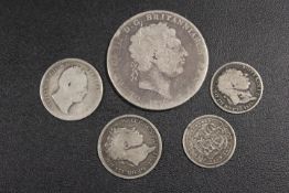 FIVE GEORGIAN SILVER COINS TO INC AN 18220 CROWN