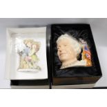 A BOXED ROYAL DOULTON FIGURINE ' FIRST LOVE' CH7, TOGETHER WITH A ROYAL DOULTON CHARACTER JUG 'QUEEN