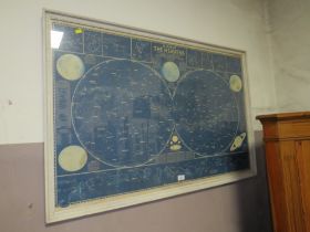 A LARGE FRAMED AND GLAZED 'A MAP OF THE HEAVENS', 75 X 111 CM