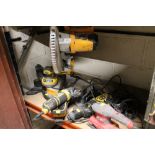 A JCB MITRE SAW TOGETHER WITH A SELECTION OF HAND POWER TOOLS