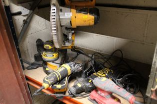 A JCB MITRE SAW TOGETHER WITH A SELECTION OF HAND POWER TOOLS