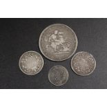 FOUR GEORGIAN SILVER COINS TO INC AN 1820 CROWN