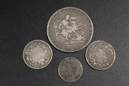 FOUR GEORGIAN SILVER COINS TO INC AN 1820 CROWN