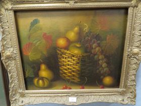 A GILT FRAMED OIL ON CANVAS OF FRUIT IN BASKET